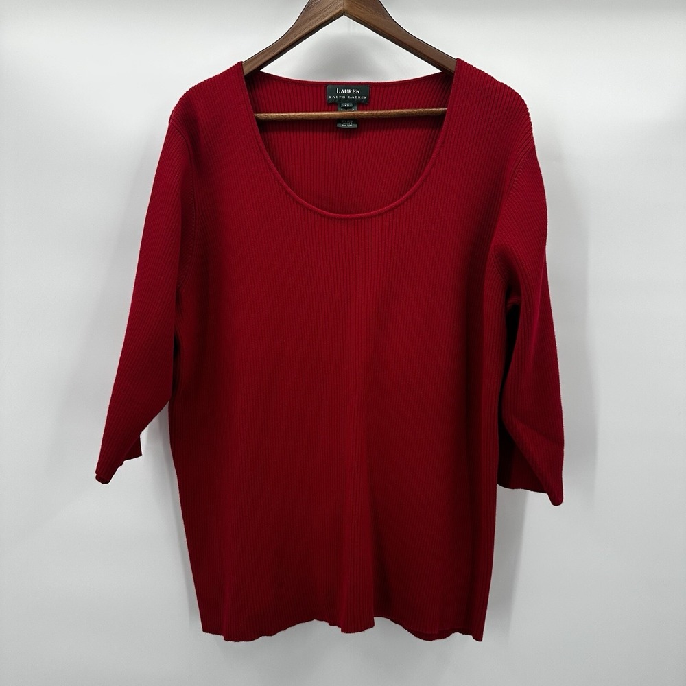 Ralph Lauren‎ LRL Sweater Womens 2X Red Knit Ribbed Pull Over 3/4 Sleeve Capsule